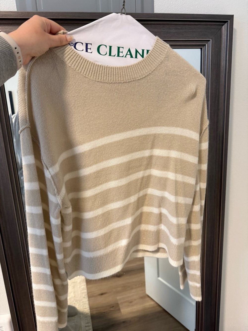 H&M Beige and White Striped Crewneck Sweater